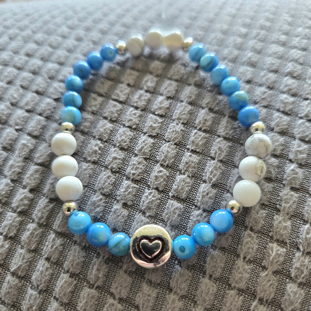 Blue shell and white howlite beaded bracelet with heart charm Handcrafted Gift